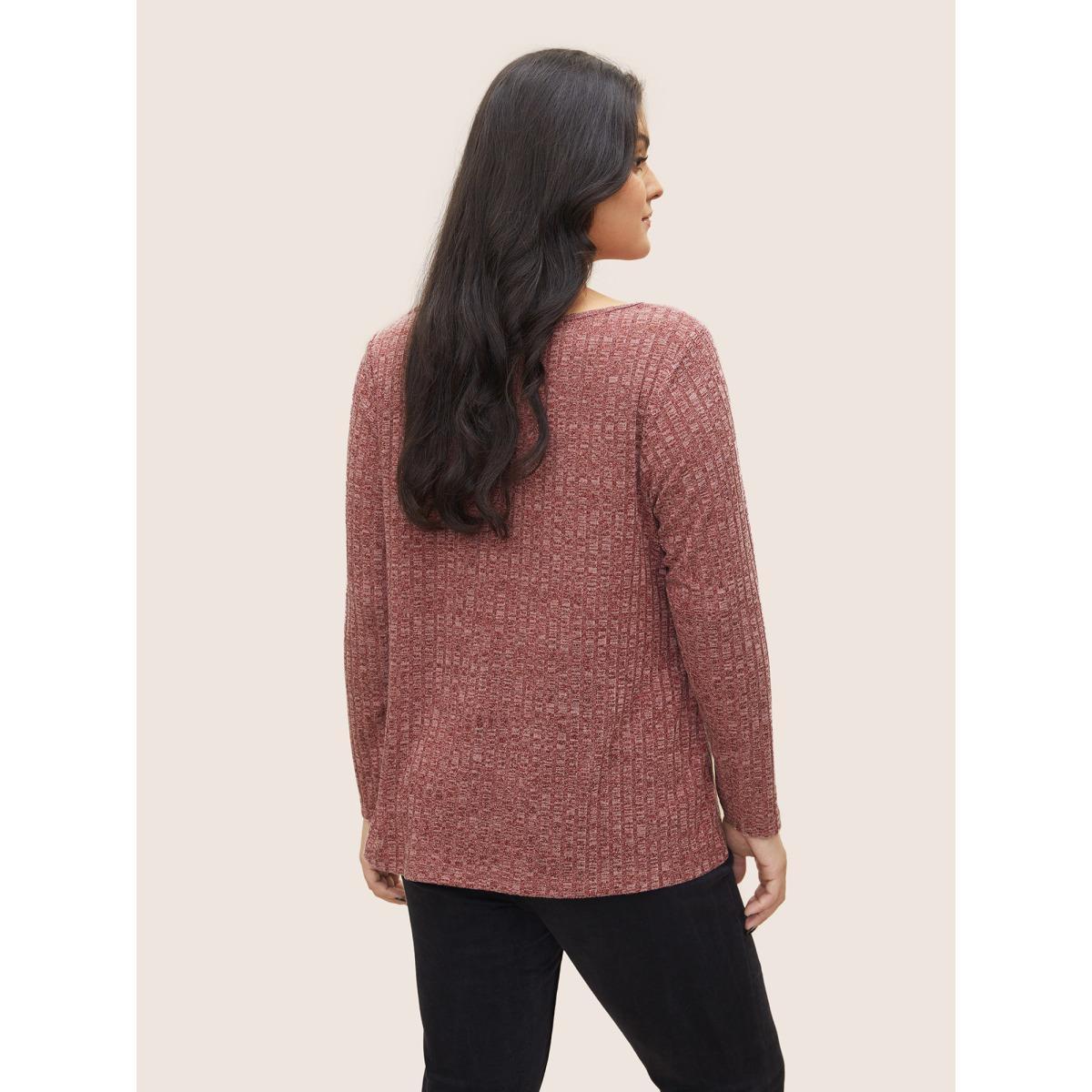 Plus Size Heather Plisse Long Sleeve T-shirt Russet Women Elegant Non Colorblock V-neck Everyday T-shirts BloomChic 18-20/2X Product Image