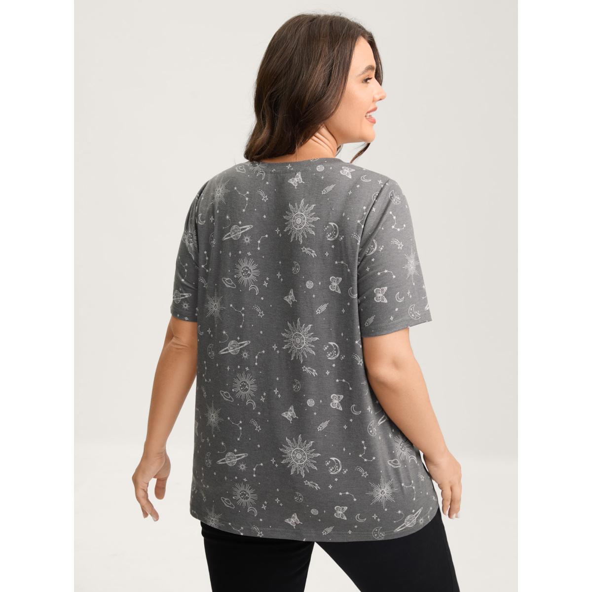 Plus Size Celestial Print Crew Neck T-Shirt DimGray Women Non Round Neck Everyday-Casual T-shirts BloomChic 26/4X Product Image