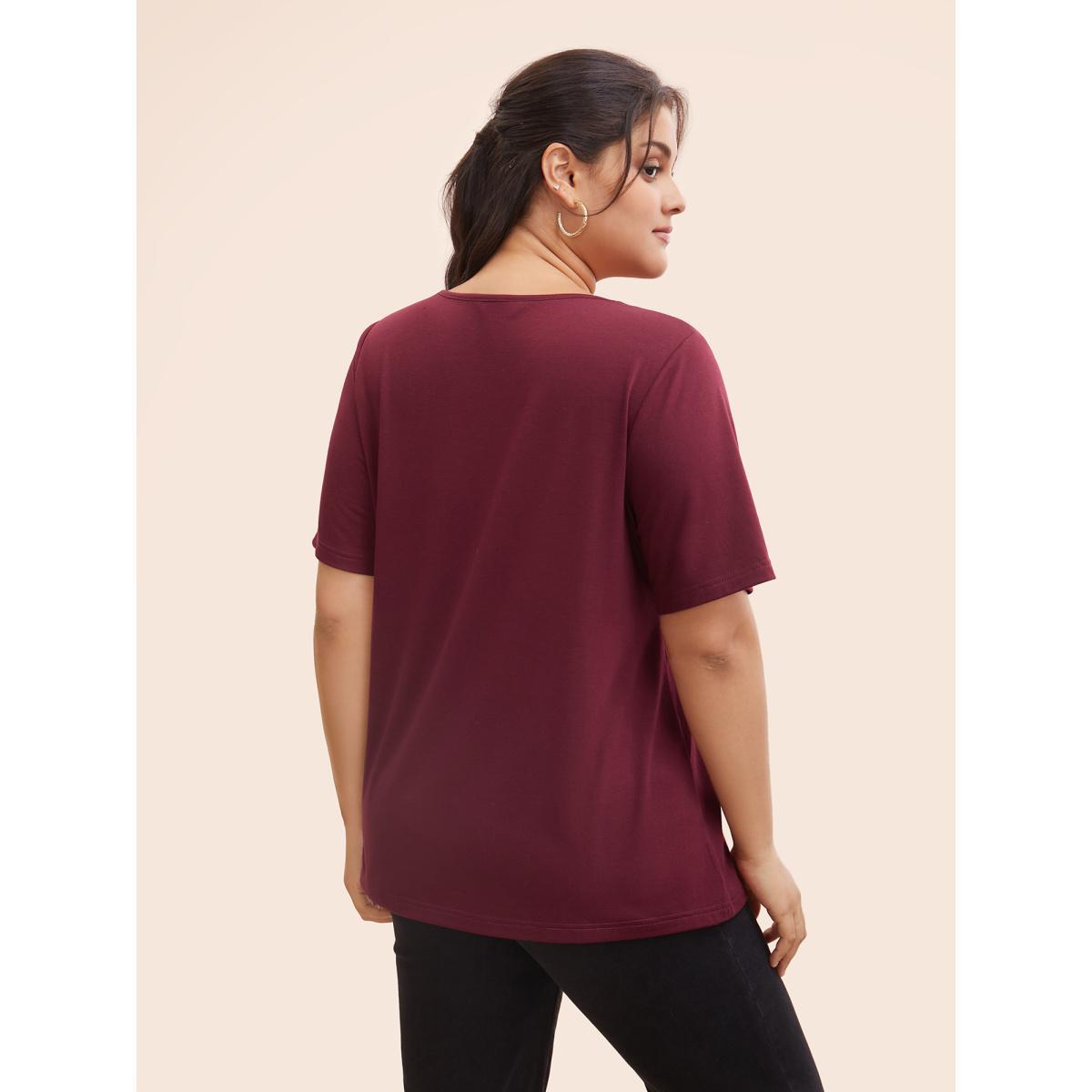 Plus Size Plain V Neck Button Detail Flutter Sleeve T-shirt Red Women Casual Plain Plain V-neck Dailywear T-shirts BloomChic 26/4X Product Image
