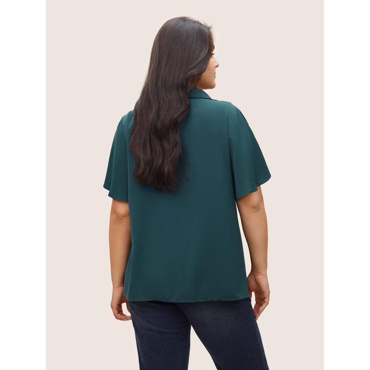 Plus Size Cyan Solid Button Detail Ruffle Trim Blouse Women At the Office Short sleeve Shirt collar Work Blouses BloomChic 14-16/1X Product Image