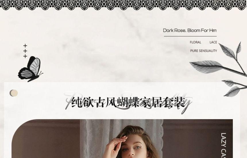 Spaghetti Strap V-Neck Butterfly Print Lace Panel Velvet Midi Nightdress / Pajama Robe / Set Product Image