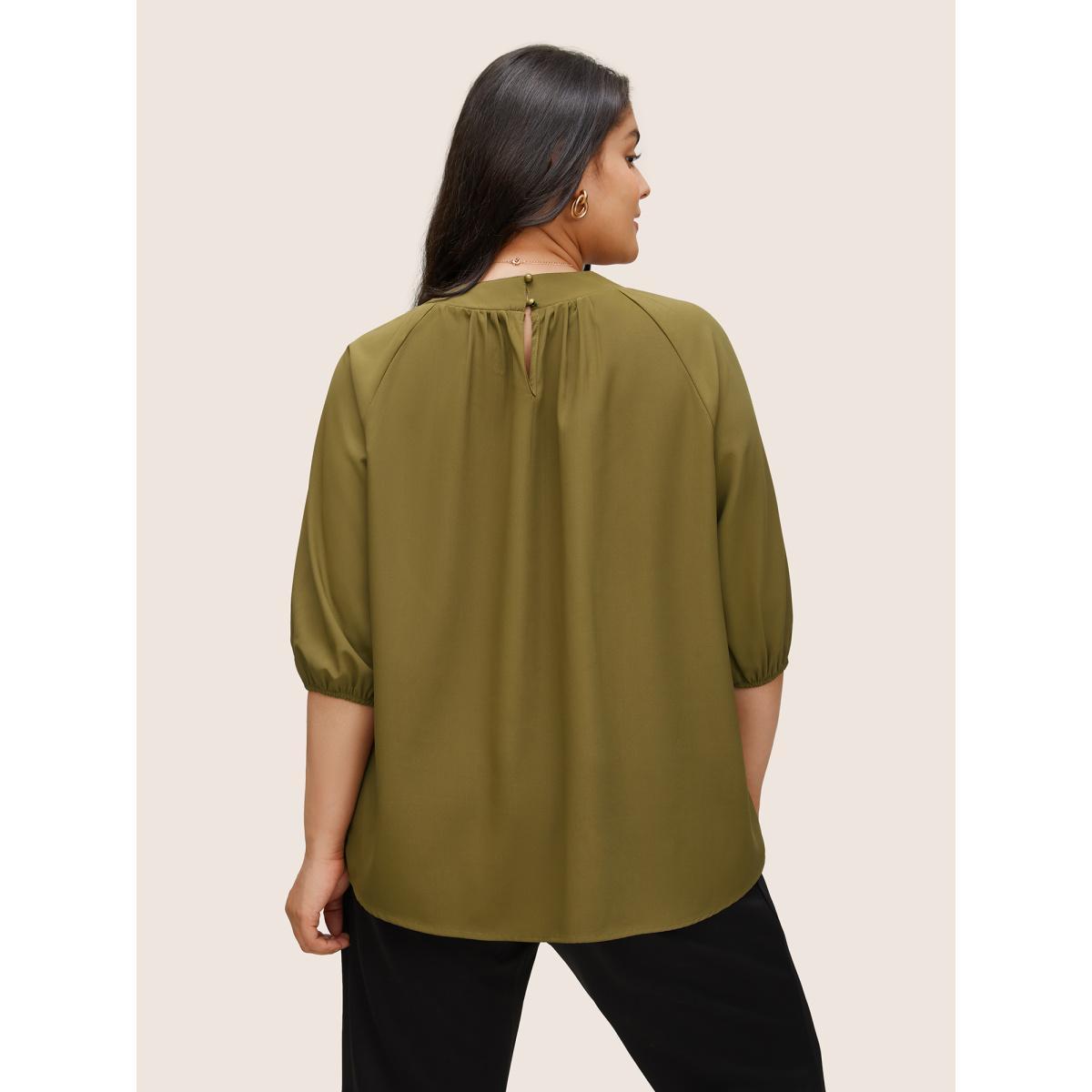Plus Size ArmyGreen Static-Free Plain Gathered Button Detail Blouse Women At the Office Elbow-length sleeve Round Neck Work Blouses BloomChic 12/L Product Image