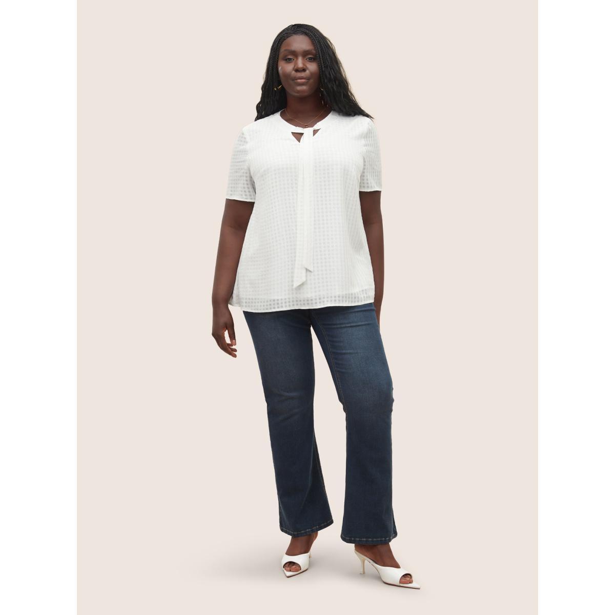 Plus Size Ivory Solid Textured Chiffon Mesh Tie Neck Blouse Women At the Office Short sleeve Ribbon-tied collar Work Blouses BloomChic 28/5X Product Image