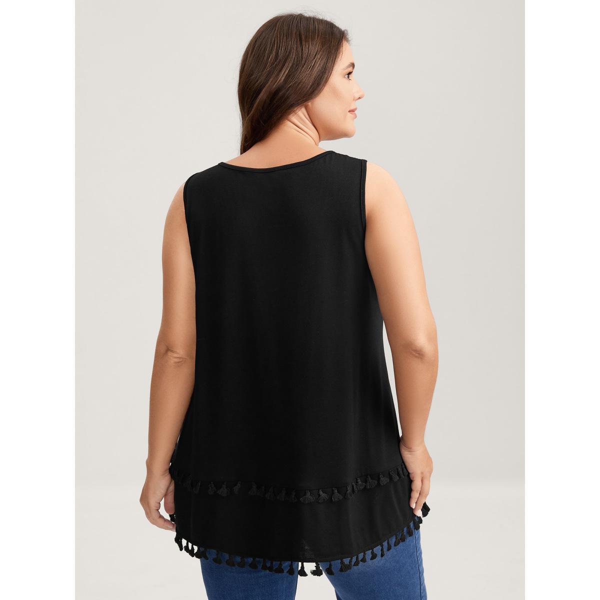 Plus Size A-Line Tassel Hem Plain Tank Top Women Black Tassels Round Neck Everyday-Casual Tank Tops Camis BloomChic 18-20/2X Product Image