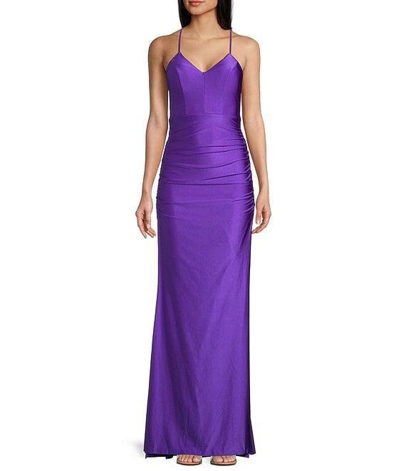 Honey and Rosie Shirred Cross Strap Back Ruffle Back Long Dress Product Image