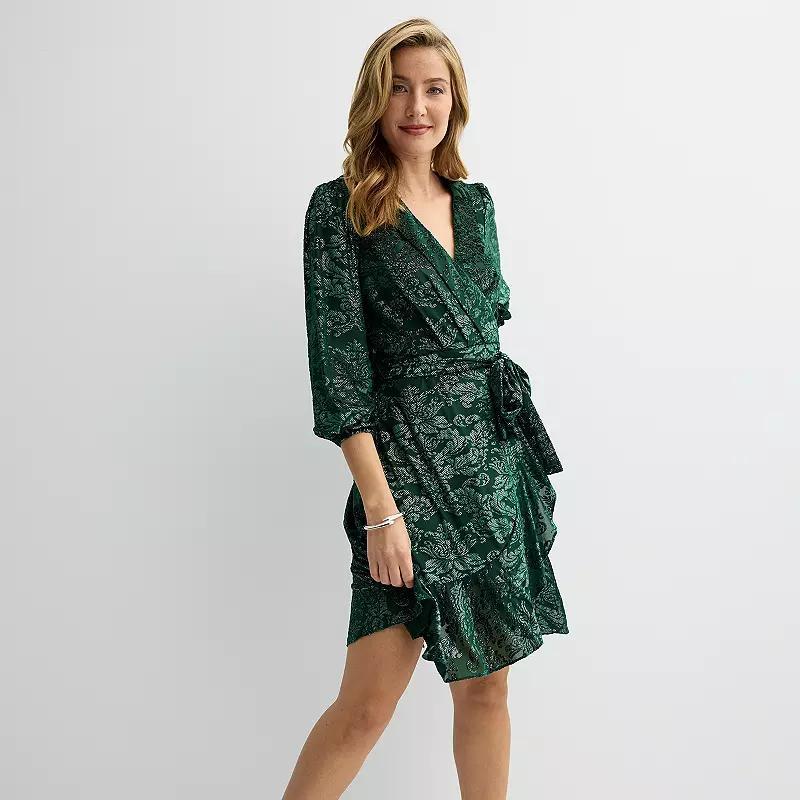 Women's Nanette Lepore Velvet Burnout Wrap Dress with Self Tie Belt, Size: 16, Hunter Green Product Image