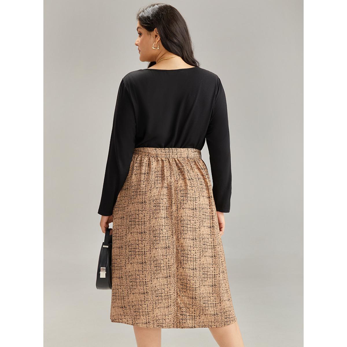 Plus Size Patchwork Pocket Belted Long Sleeve Dress Tan Women Elegant Belted V-neck Long Sleeve Curvy Midi Dress BloomChic 26/4X Product Image