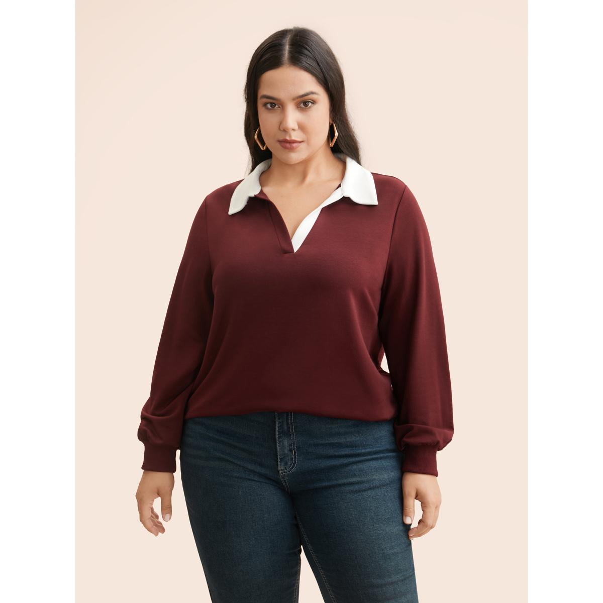 Plus Size Polo Neck Contrast Patchwork Sweatshirt Women Burgundy Casual Contrast Polo Everyday Sweatshirts BloomChic 10/M Product Image
