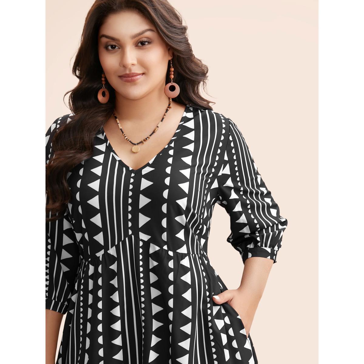 Plus Size Geometric V Neck Lantern Sleeve Dress Black Women Resort Non V-neck Elbow-length sleeve Curvy BloomChic 12/L Product Image