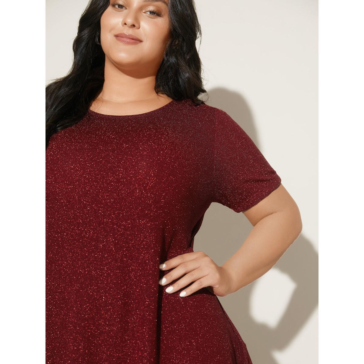 Plus Size Shimmering Gold & Silver Thread A-Line Tee Burgundy Women Casual Non Round Neck Loose Everyday T-shirts BloomChic 30/6X Product Image