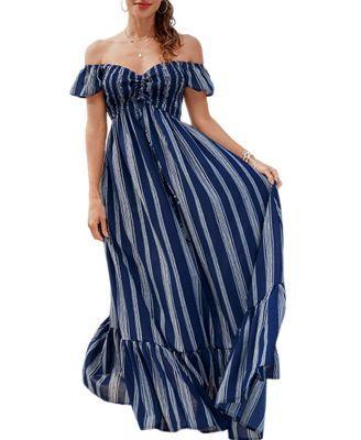 Cupshe Womens Striped Off-Shoulder Ruffled Maxi Beach Dress Product Image