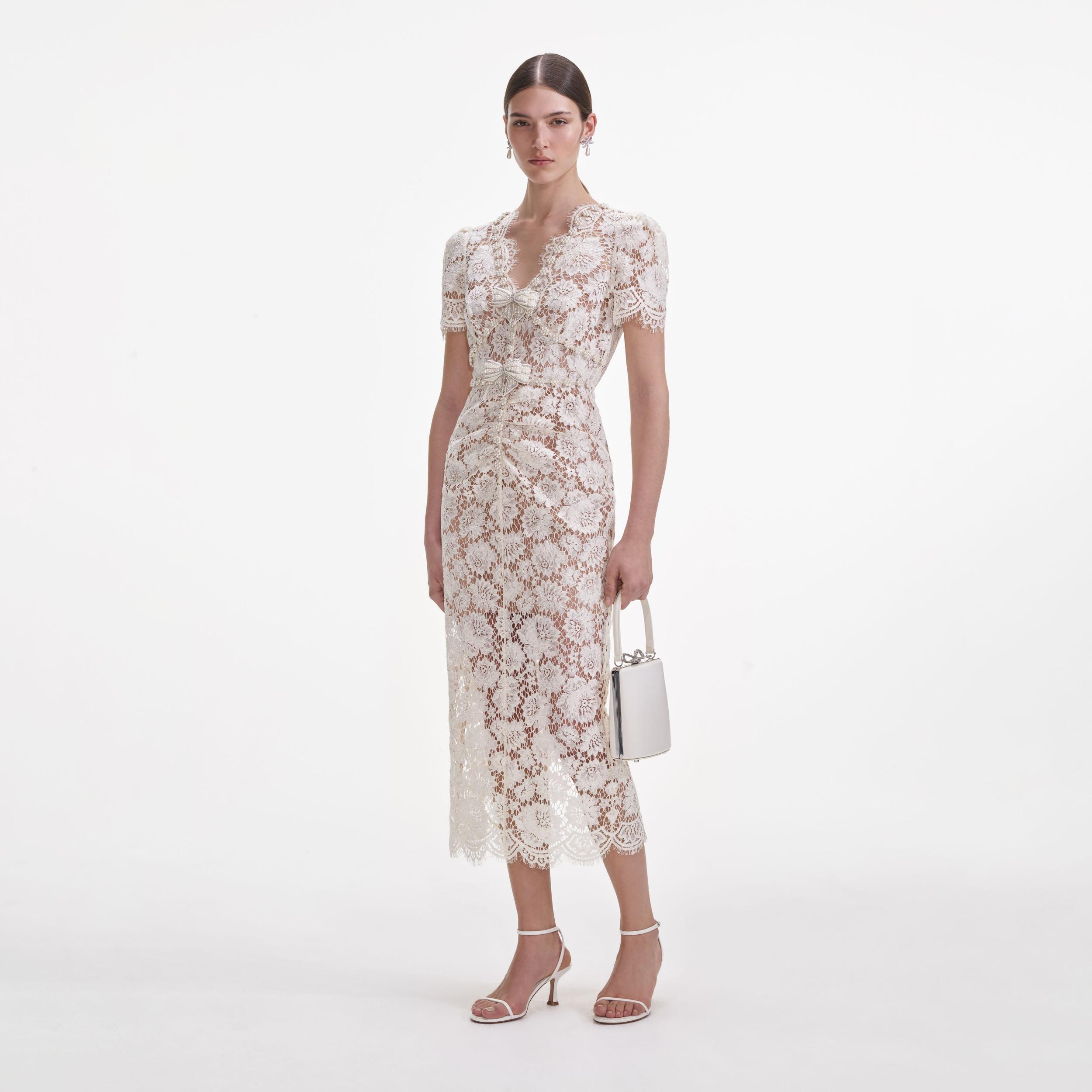 Cream Fine Lace Pearl Midi Dress Product Image