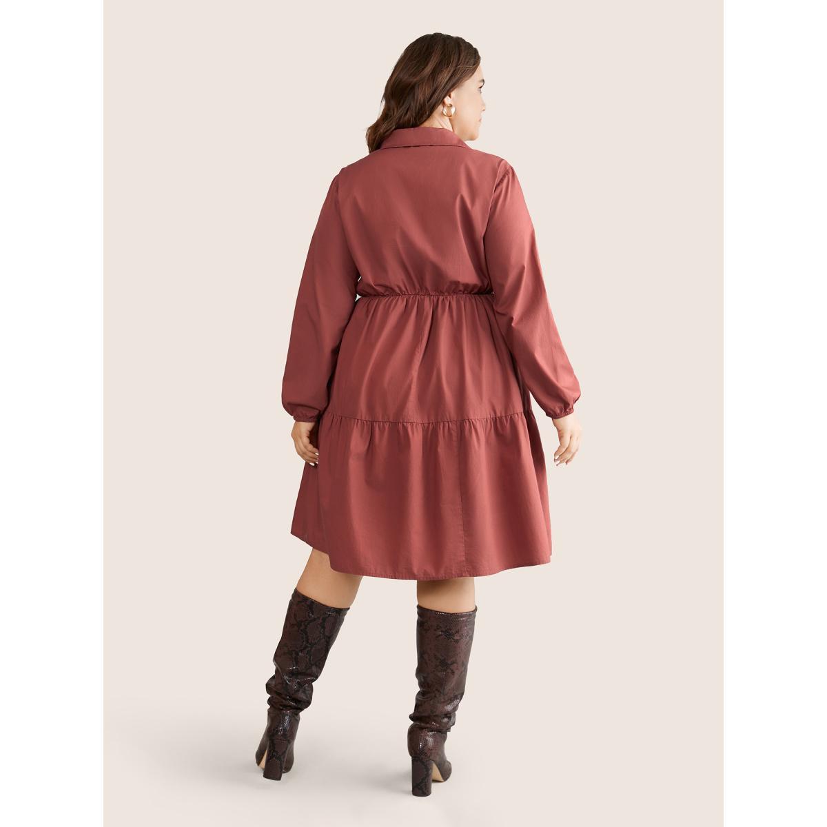 Plus Size Lapel Collar Gathered Pocket Lantern Sleeve Dress Russet Women Casual Gathered Lapel Collar Long Sleeve Curvy Knee Dress BloomChic 28/5X Product Image