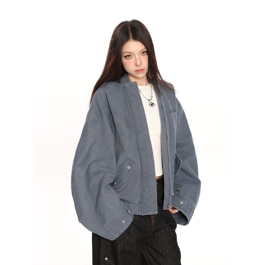 V-Neck Lettering Embroidered Zip Up Jacket Product Image