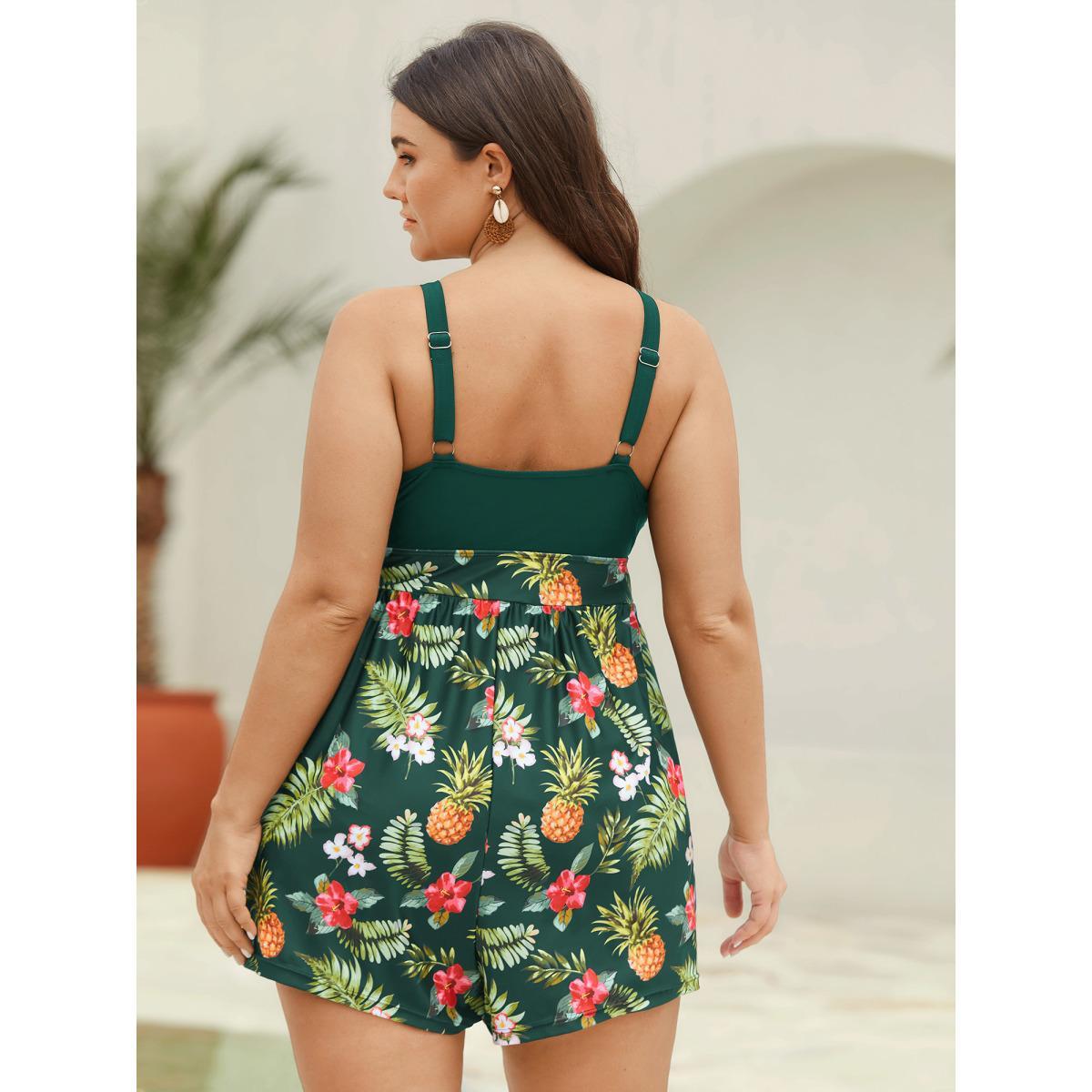 Plus Size Tropical Floral Pockets One-Piece Swimsuit Women's Swimwear DarkGreen Beach Tie knot Curve Bathing Suits High stretch One Pieces BloomChic 28/5X Product Image