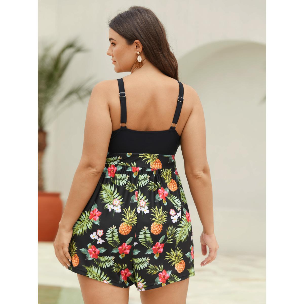 Plus Size Tropical Floral Pockets One-Piece Swimsuit Women's Swimwear Black Beach Tie knot Curve Bathing Suits High stretch One Pieces BloomChic 18-20/2X Product Image