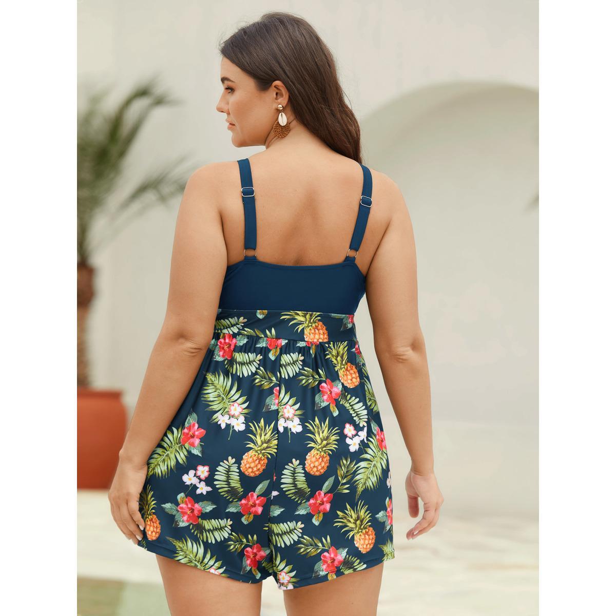 Plus Size Tropical Floral Pockets One-Piece Swimsuit Women's Swimwear Black Beach Tie knot Curve Bathing Suits High stretch One Pieces BloomChic 12/L Product Image