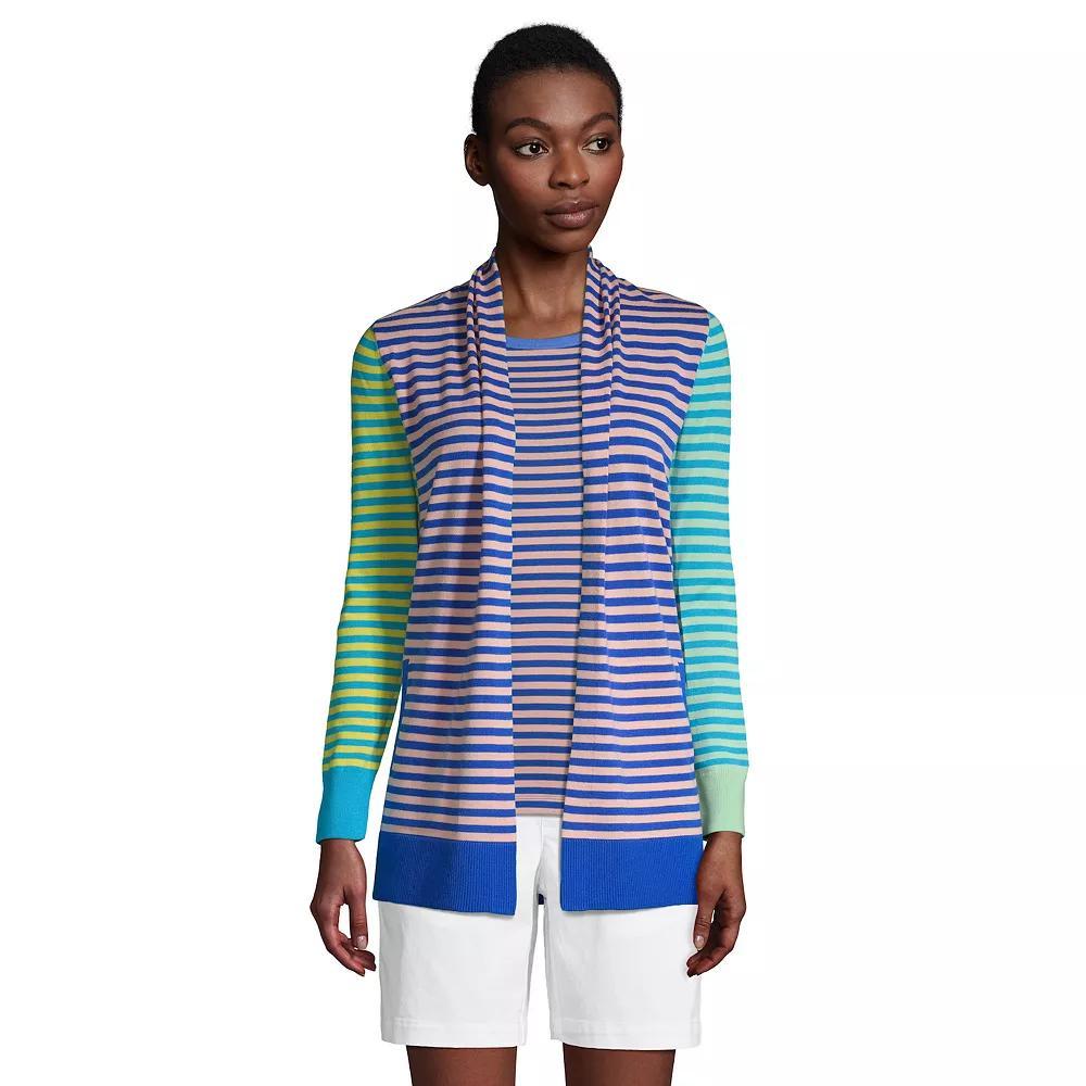 Petite Lands End Open-Front Long Cardigan Sweater, Womens Crisp Pink Stripe Product Image