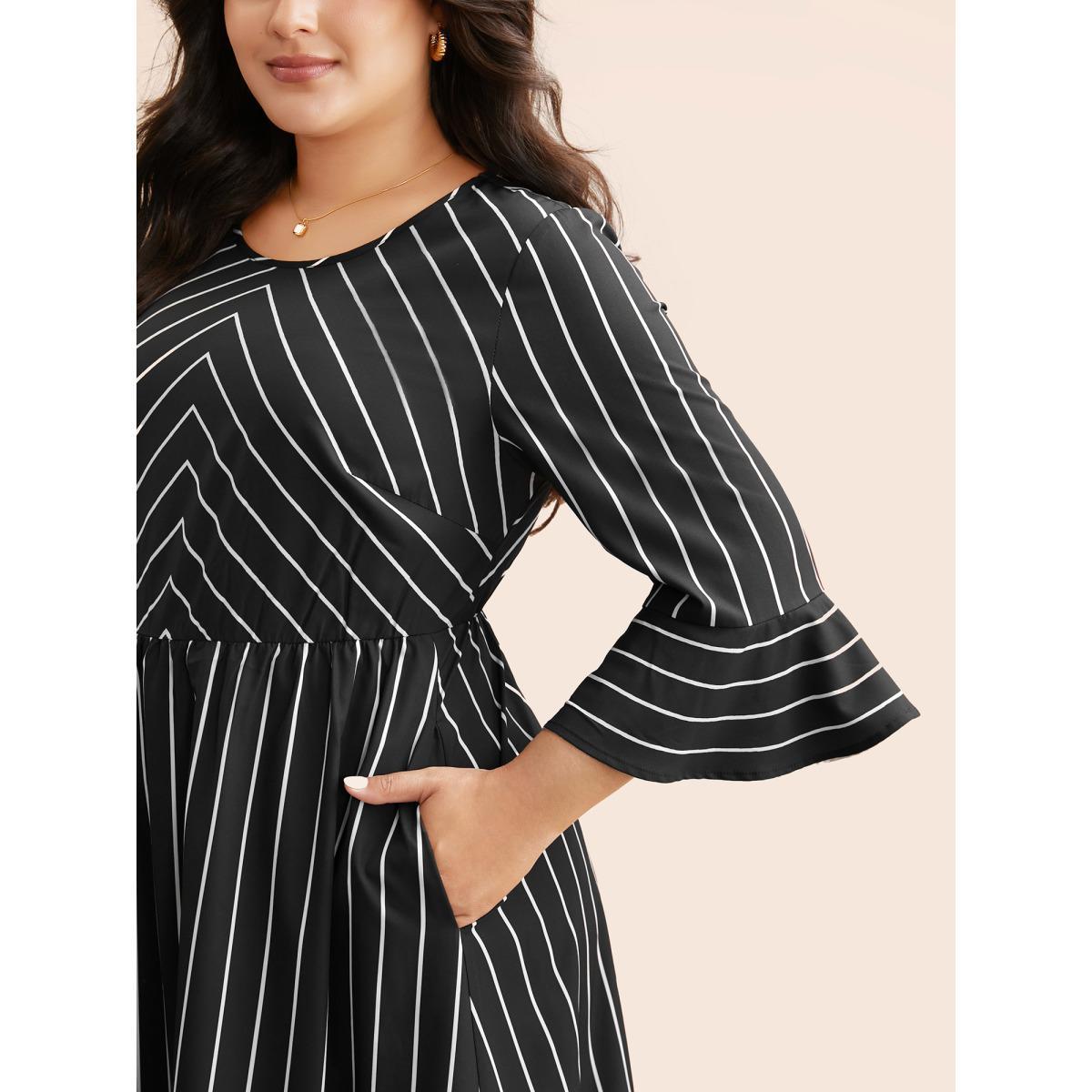 Plus Size Striped Flutter Sleeve Midi Dress Black Women At the Office Ruffles Round Neck Elbow-length sleeve Curvy BloomChic 22-24/3X Product Image