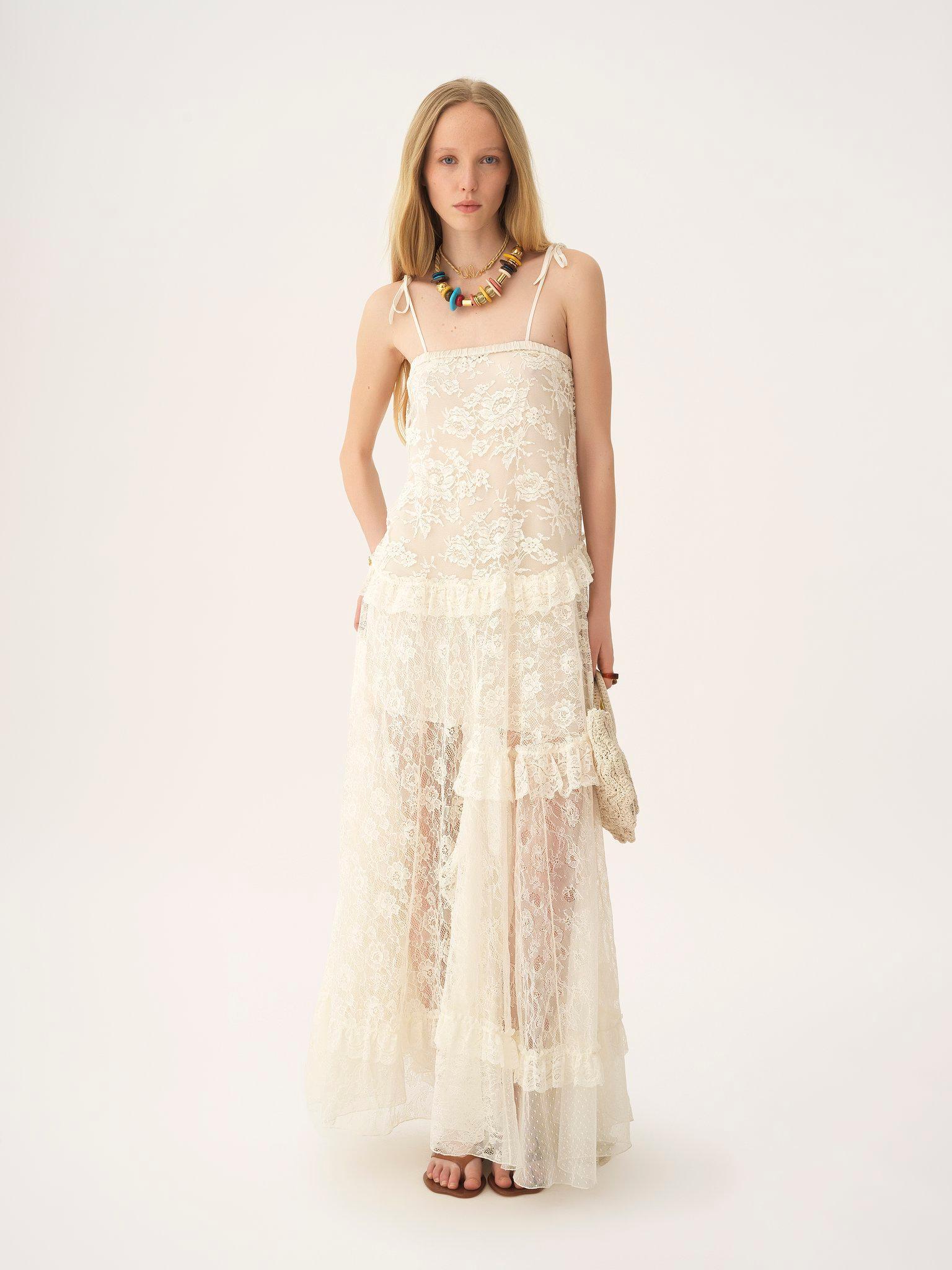 Thin-strap long dress in embroidered lace Product Image
