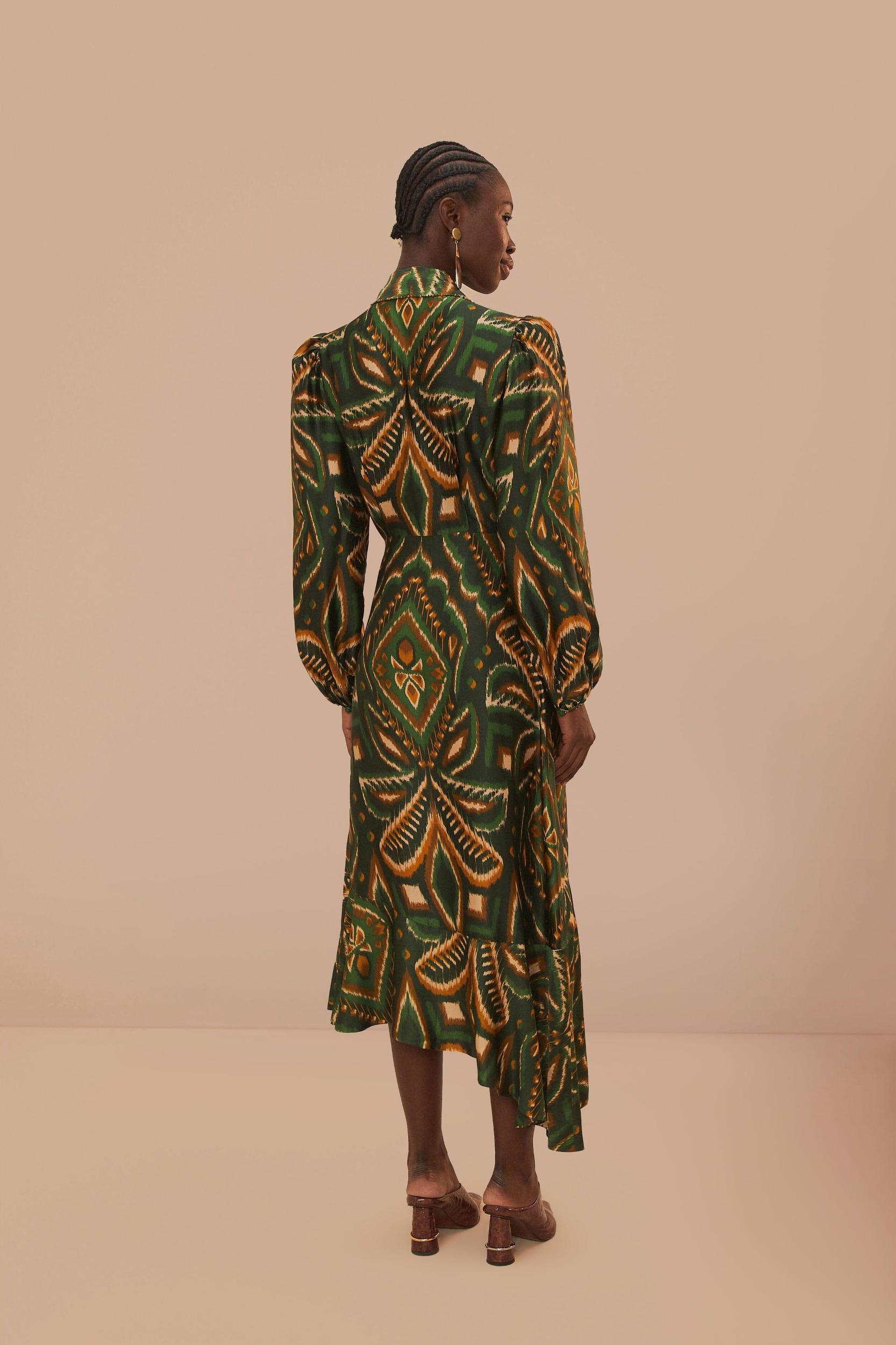 Green Pineapple Ikat Long Sleeve Midi Dress, PINEAPPLE IKAT GREEN / S Product Image