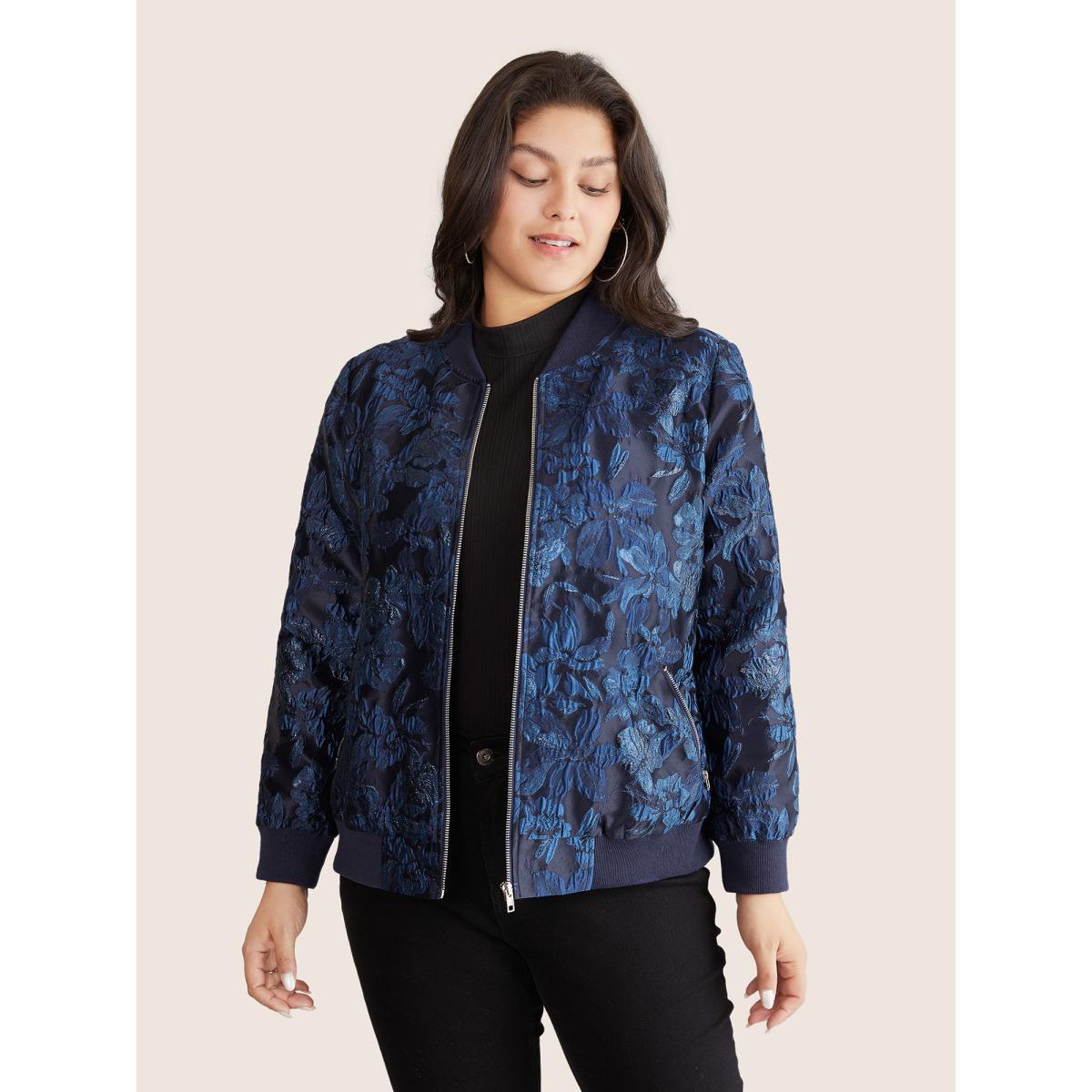 Plus Size Floral Patchwork Zipper Jacquard Jacket Women Indigo Elastic cuffs Pocket Everyday Jackets BloomChic 22-24/3X Product Image