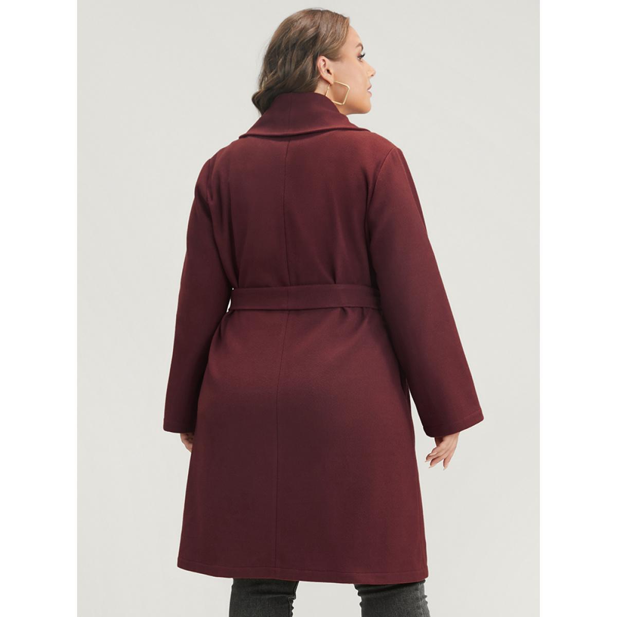 Plus Size Solid Lapel Collar Belted Pocket Coat Women Burgundy Casual Cross straps Ladies Dailywear Winter Coats BloomChic 22-24/3X Product Image