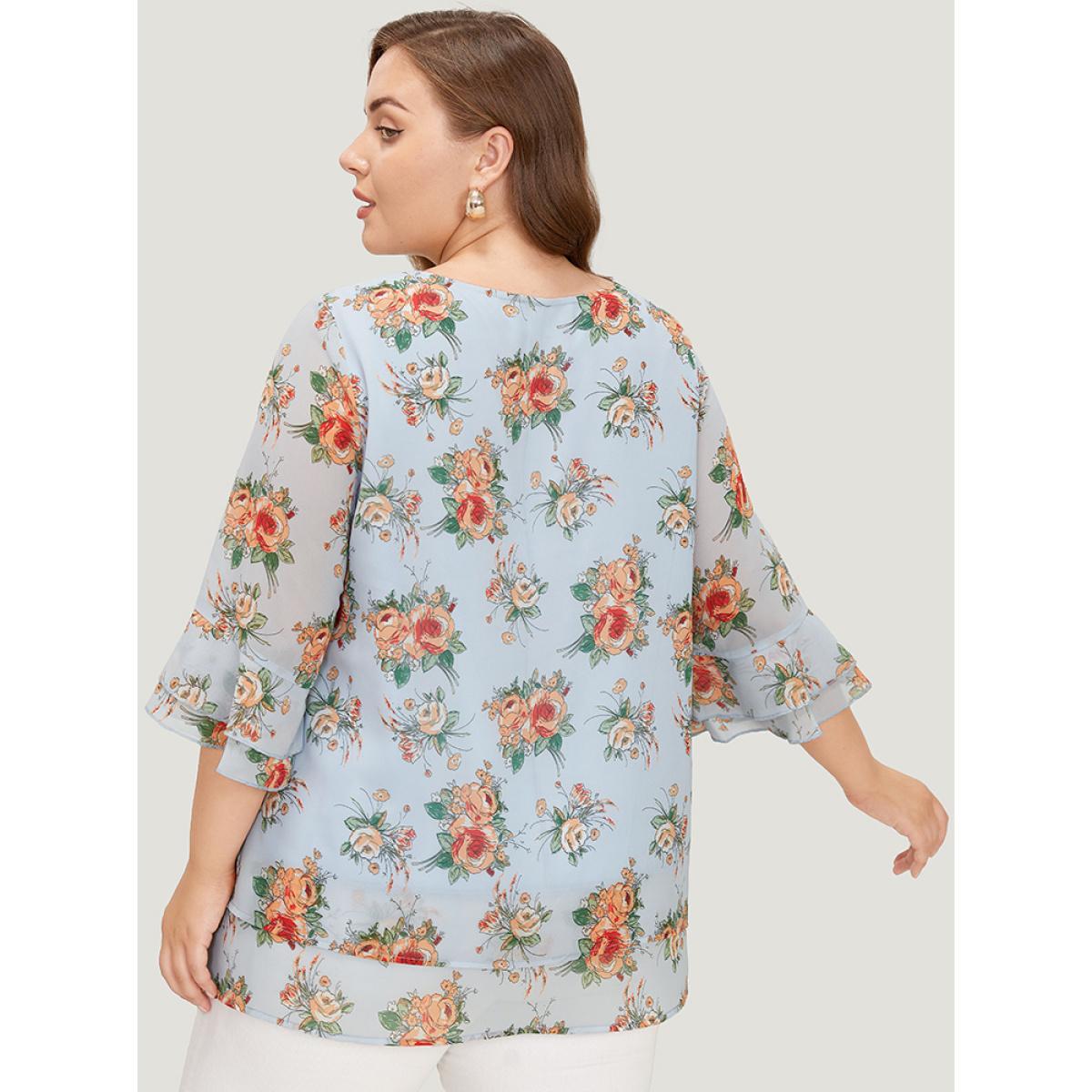 Plus Size LightBlue Floral Ruffle Sleeve Layered Hem Blouse Women Elegant Elbow-length sleeve Round Neck Dailywear Blouses BloomChic 26/4X Product Image