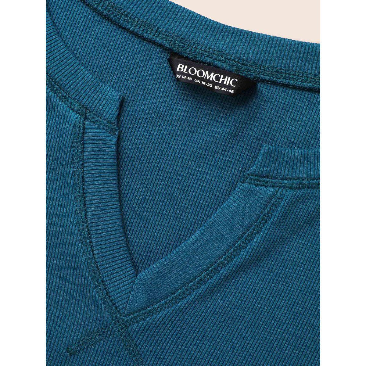 Plus Size Solid Notched Collar Rib Knit T-shirt Aegean Women Casual Texture Notched collar Everyday T-shirts BloomChic 22-24/3X Product Image