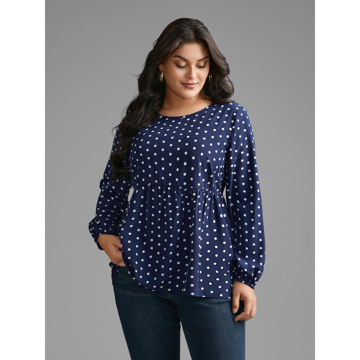 Plus Size Indigo Polka Dot Gathered Lantern Sleeve Blouse Women Elegant Long Sleeve Round Neck Everyday Blouses BloomChic 10/M Product Image