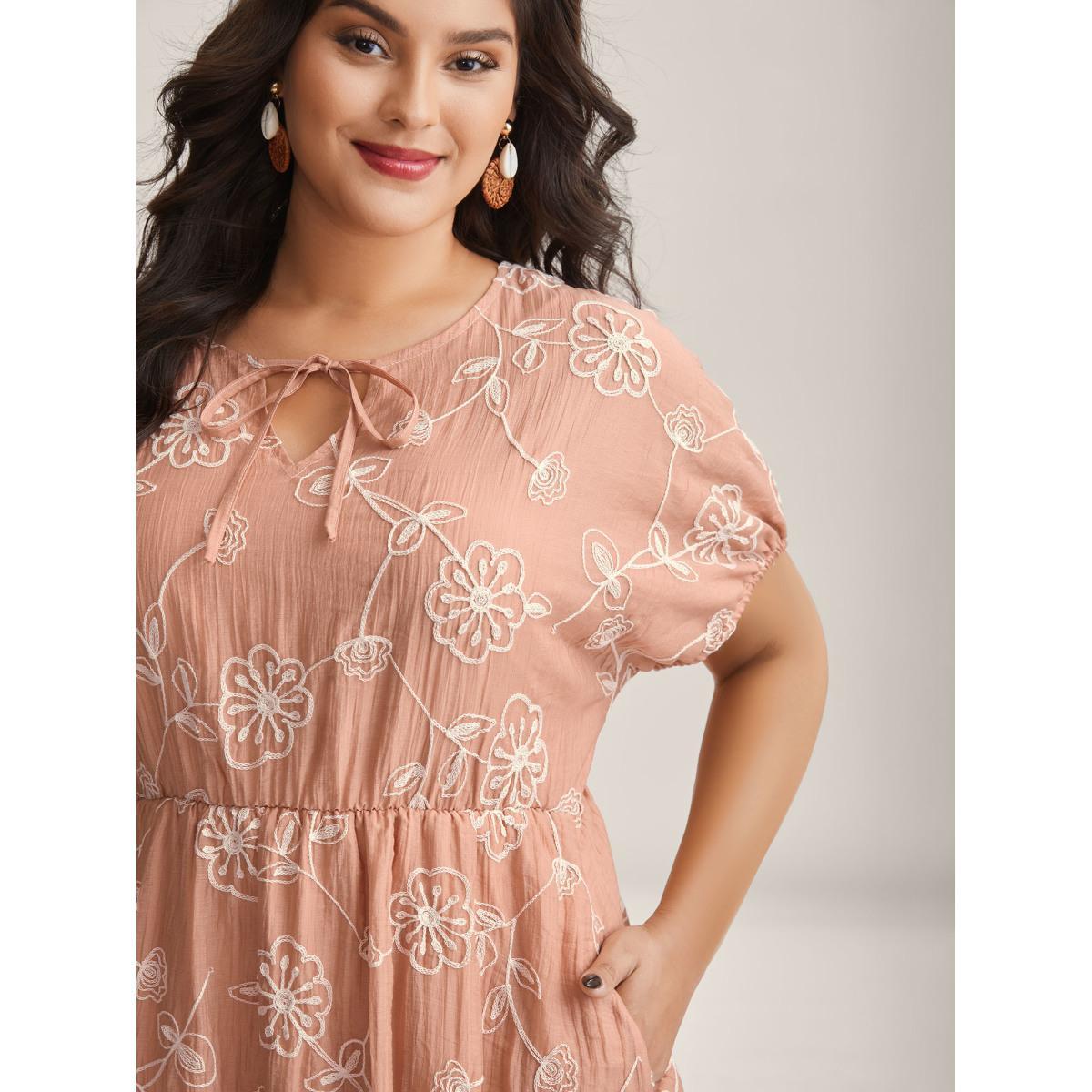 Plus Size Rayon Textured Embroidered Stretchy Midi Dress Watermelon Women V-neck Short sleeve Curvy BloomChic 26/4X Product Image