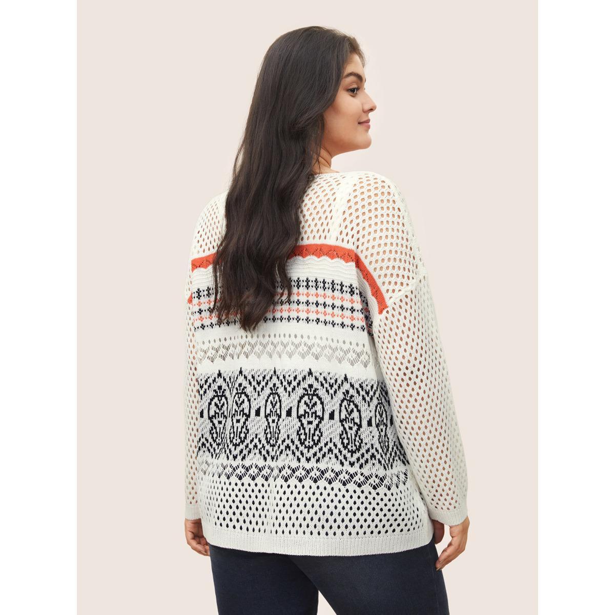 Plus Size Jacquard Hollow Out Drop Shoulder Pullover White Women Casual Long Sleeve Round Neck Everyday Pullovers BloomChic 28/5X Product Image