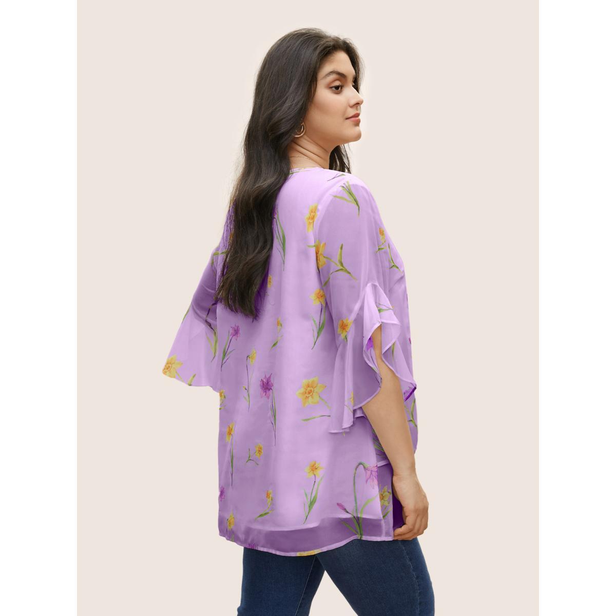 Plus Size Heather Floral Tiered Mesh Asymmetrical Hem Blouse Women Elegant Everyday Blouses BloomChic 14-16/1X Product Image