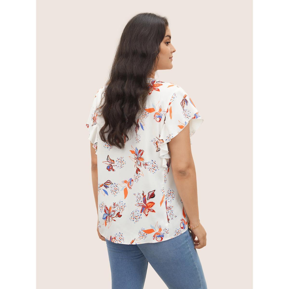 Plus Size Multicolor Floral Pleated Ruffle Cap Sleeve Blouse Women Elegant Cap Sleeve V-neck Everyday Blouses BloomChic 18-20/2X Product Image