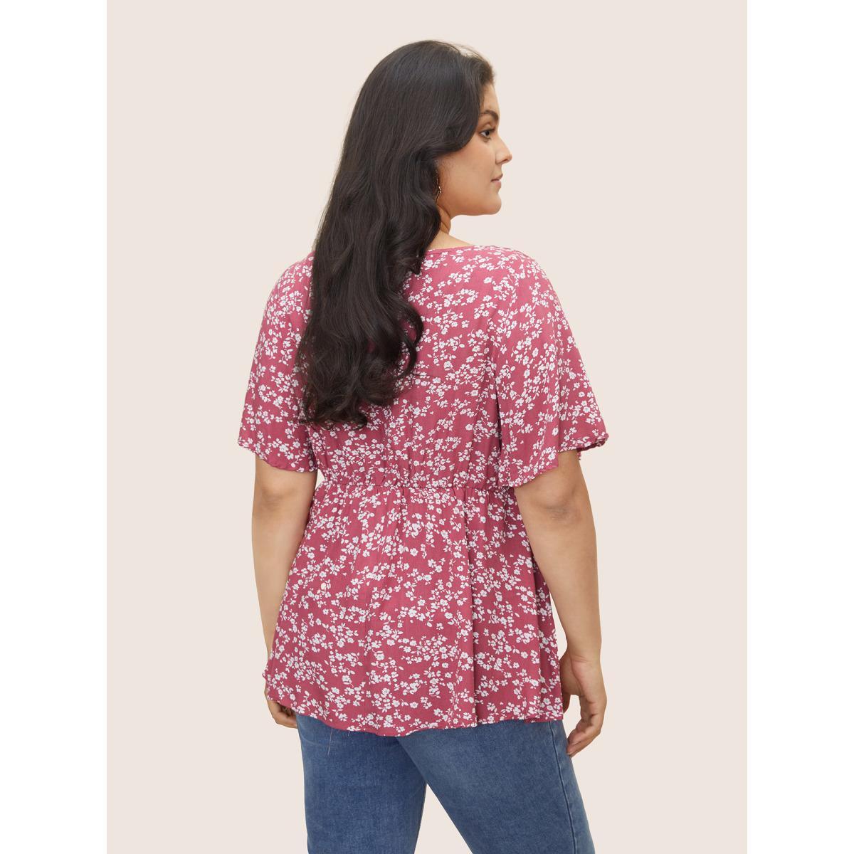 Plus Size RedViolet Ditsy Floral Heart Neckline Drawstring Tie Knot Blouse Women Elegant Short sleeve Heart neckline Everyday Blouses BloomChic 12/L Product Image