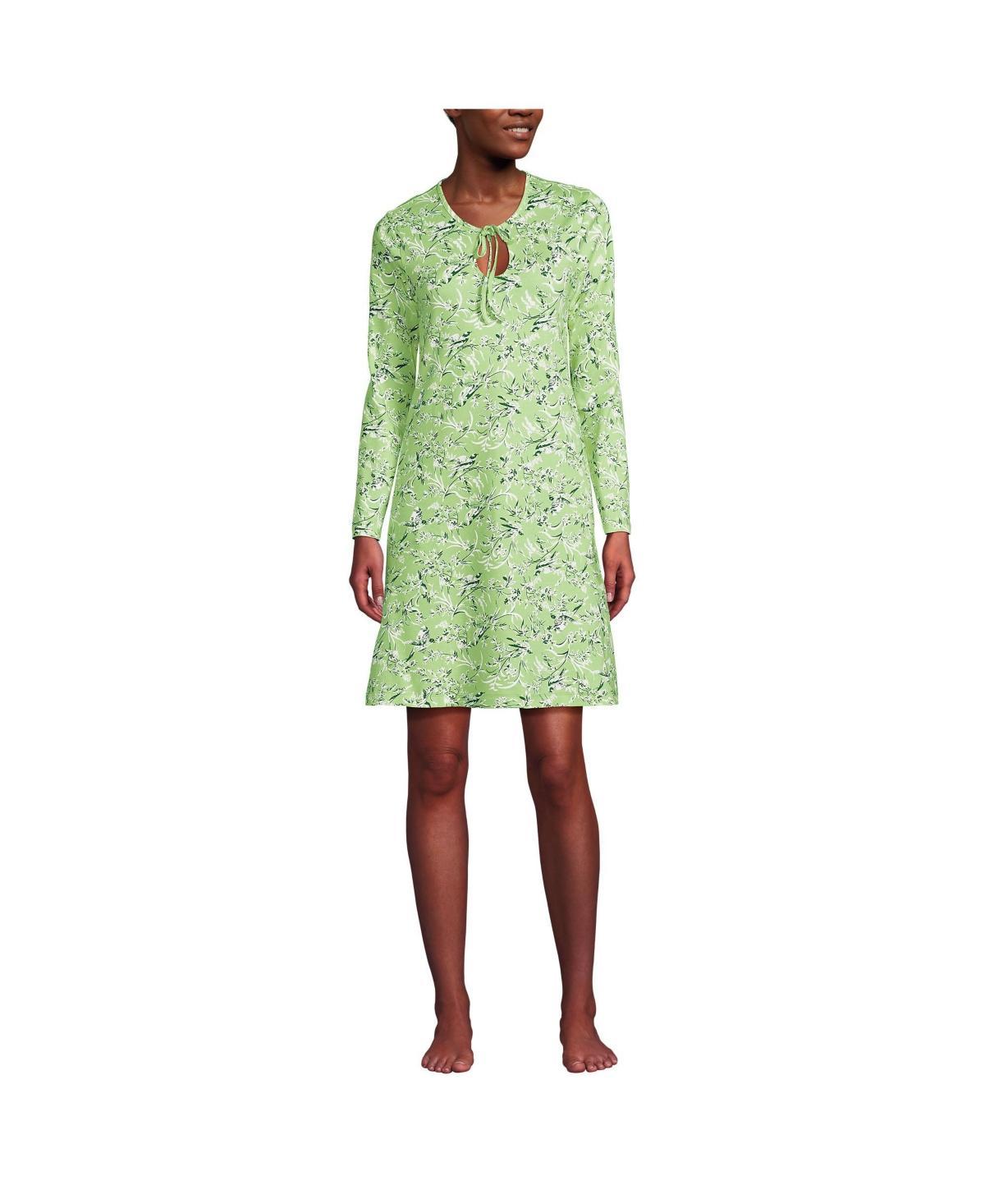 Women's Lands' End Cotton Interlock Long Sleeve Nightgown, Size: XL, Soft Green Bird Song Product Image