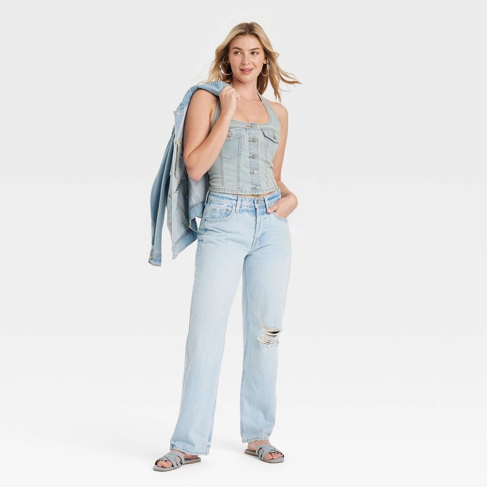 Women's Mid-Rise 90's Baggy Jeans - Universal Thread™ Light Wash Destroy 0: Relaxed Fit, Denim, Full Length Product Image