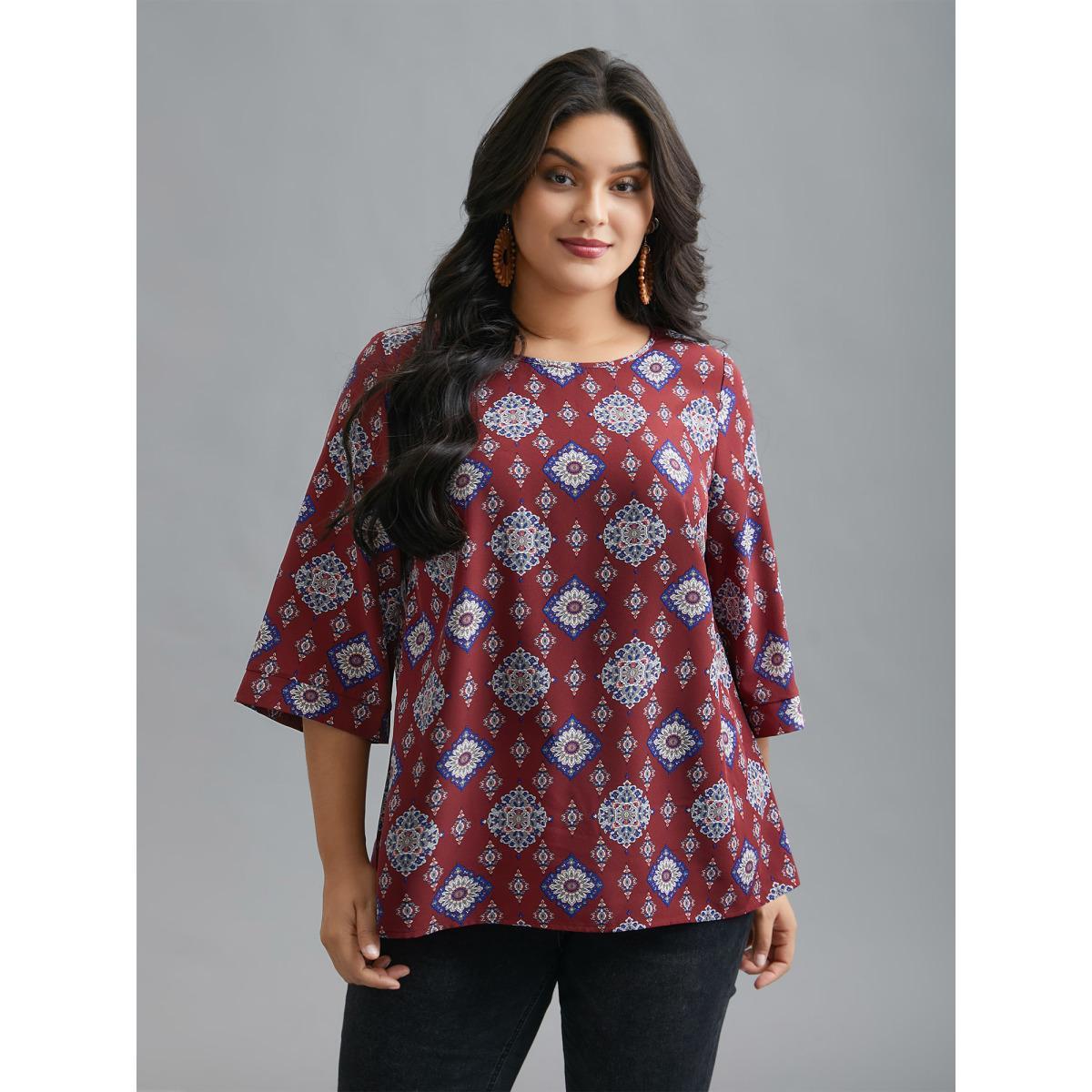 Plus Size Scarlet Round Neck Bandana Print Blouse Women Resort Elbow-length sleeve Round Neck Vacation Blouses BloomChic 22-24/3X Product Image