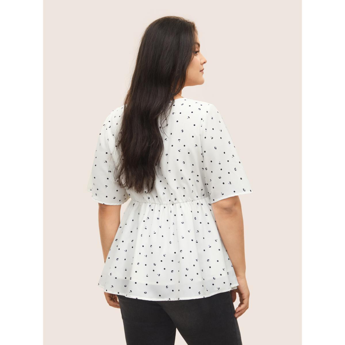 Plus Size White Keyhole Polka Dot Style Accents Ruffle Sleeve Blouse Women Elegant Short sleeve Round Neck Everyday Blouses BloomChic 10/M Product Image