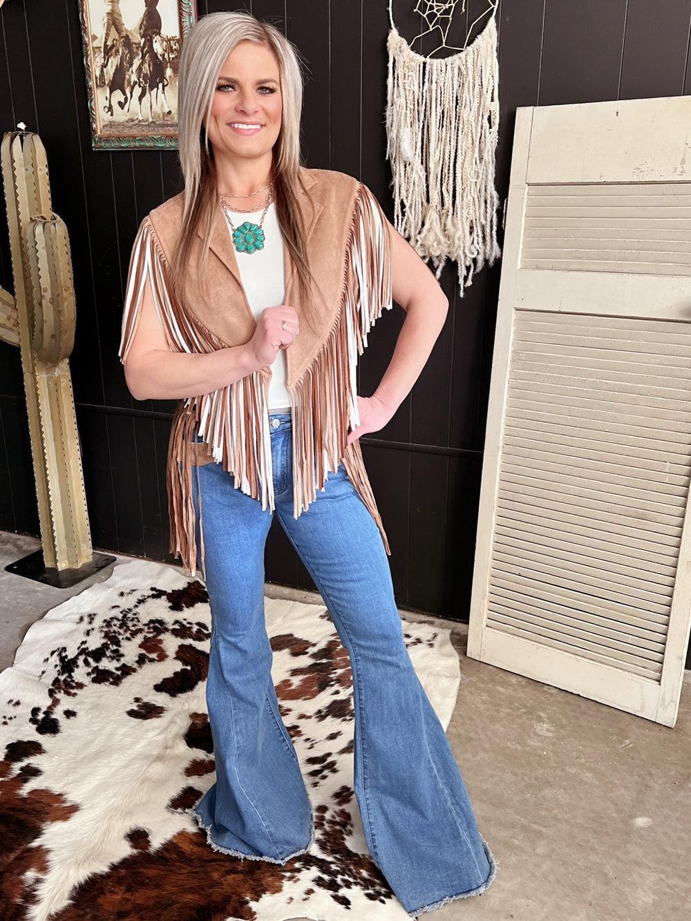 Bell Bottom Denim With Suede Fringe Product Image