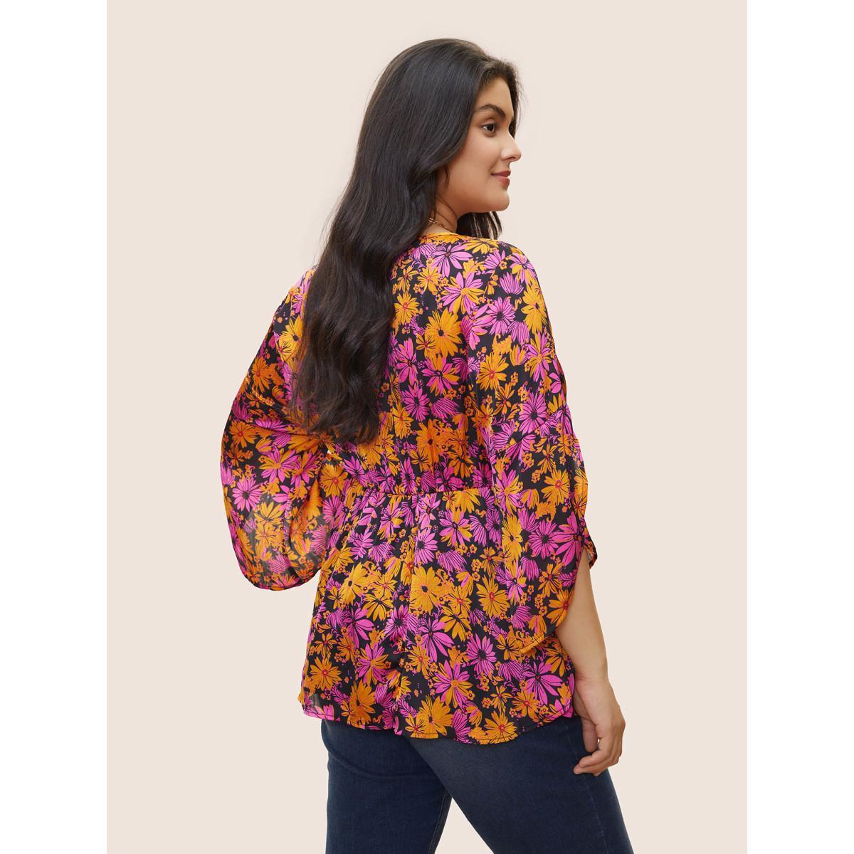 Plus Size Black Floral Print Elastic Waist Petal Sleeve Blouse Women Elegant Elbow-length sleeve V-neck Everyday Blouses BloomChic 26/4X Product Image