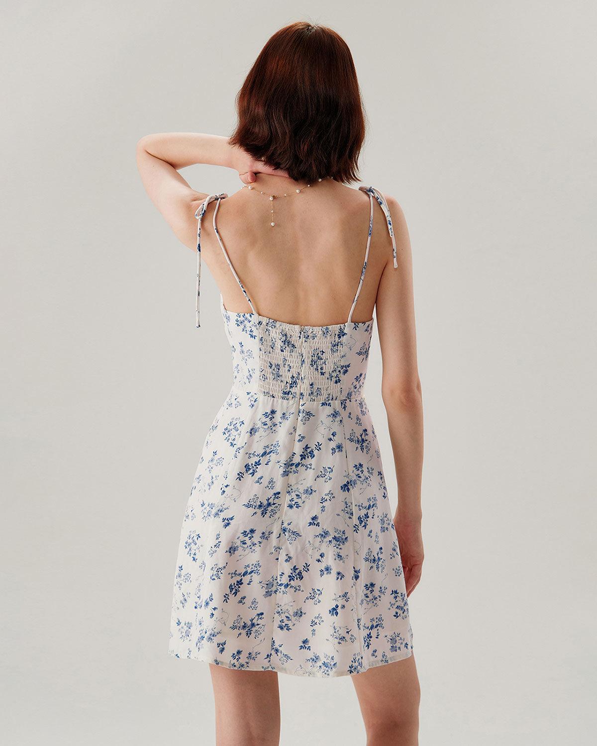 White Floral Shirred Tie Strap Mini Dress Product Image