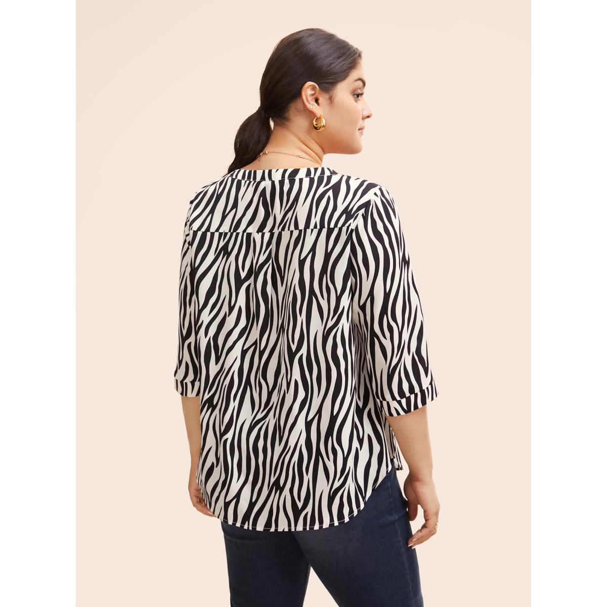 Plus Size Beige Zebra Print Notched Patched Pocket Blouse Women Workwear Essentials Elbow-length sleeve V-neck Work Blouses BloomChic 18-20/2X Product Image
