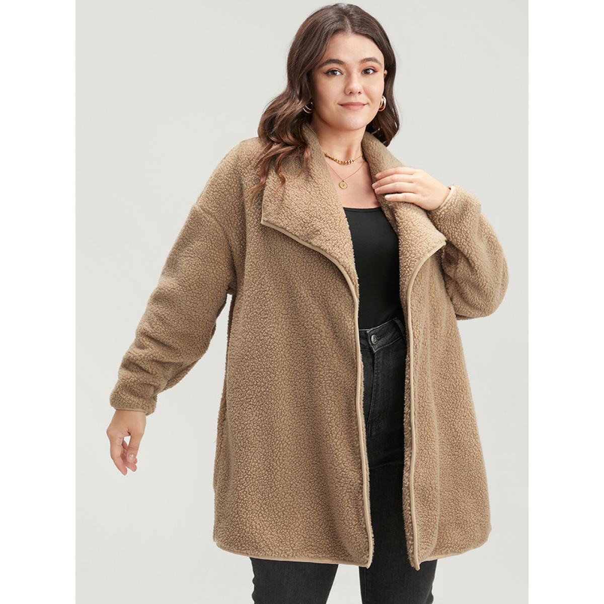 Plus Size Solid Pocket Open Front Teddy Coat Women LightBrown Casual Plain Loose Ladies Dailywear Winter Coats BloomChic 22-24/3X Product Image