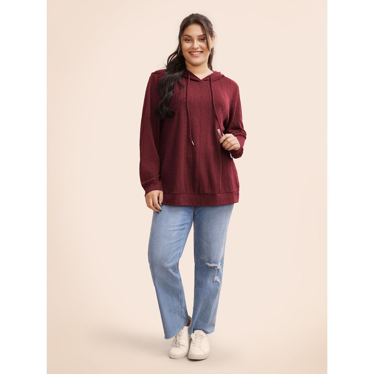 Plus Size Plain Textured Hooded Drawstring Sweatshirt Women Burgundy Casual Elastic cuffs Hooded Everyday Sweatshirts BloomChic 14-16/1X Product Image
