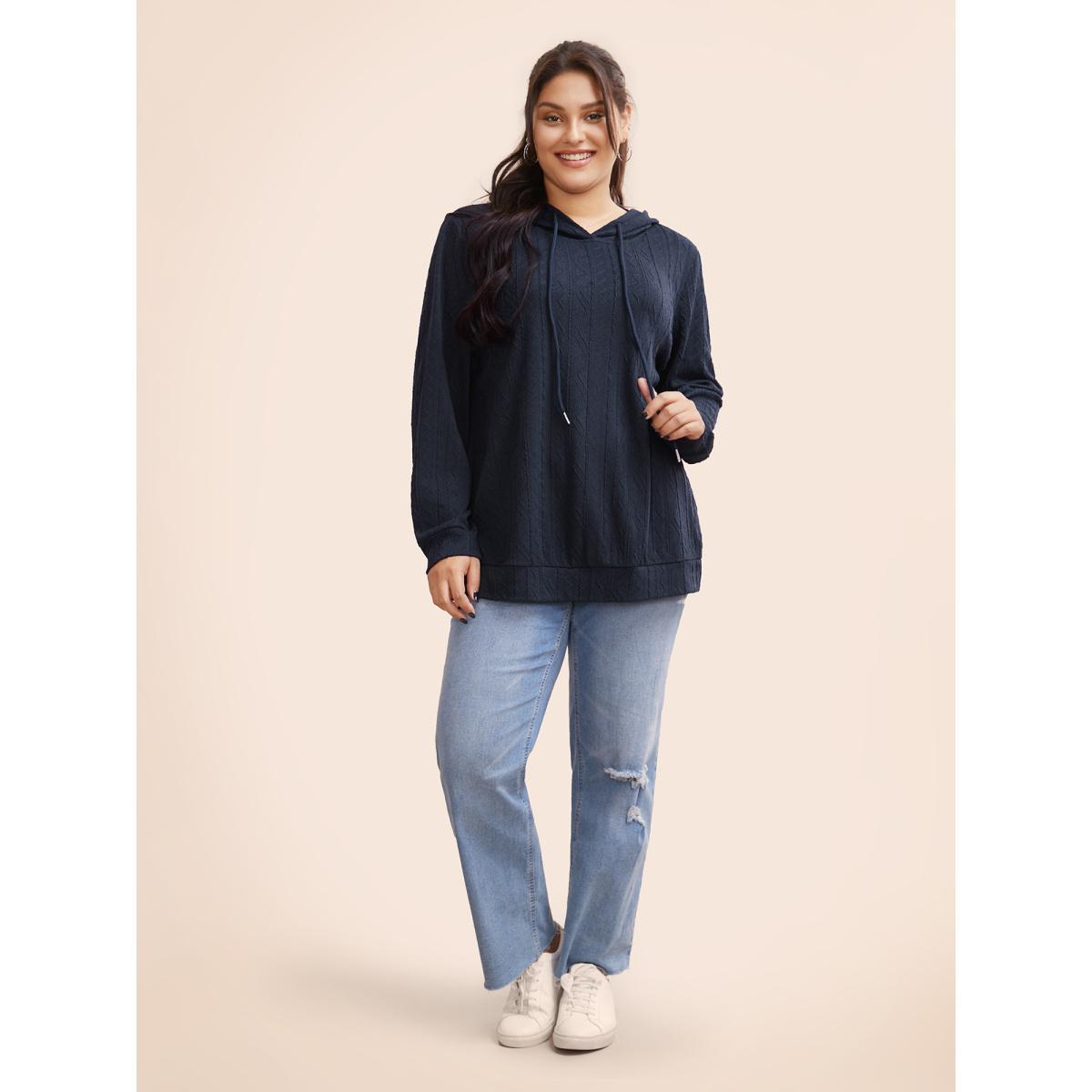 Plus Size Plain Textured Hooded Drawstring Sweatshirt Women Blue Casual Elastic cuffs Hooded Everyday Sweatshirts BloomChic 26/4X Product Image