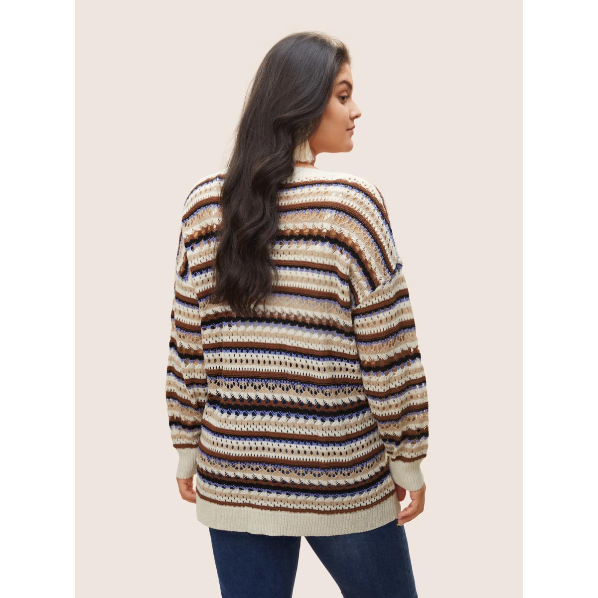 Plus Size Striped Contrast Drop Shoulder Hollow Out Pullover Beige Women Casual Long Sleeve Round Neck Everyday Pullovers BloomChic 28/5X Product Image