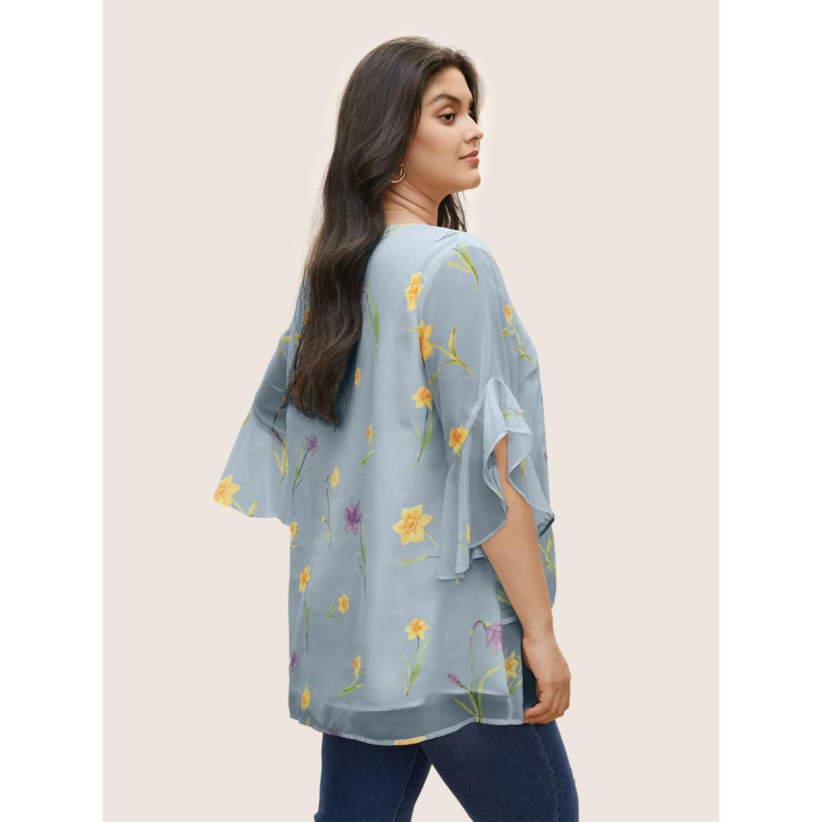Plus Size Stone Floral Tiered Mesh Asymmetrical Hem Blouse Women Elegant Everyday Blouses BloomChic 26/4X Product Image