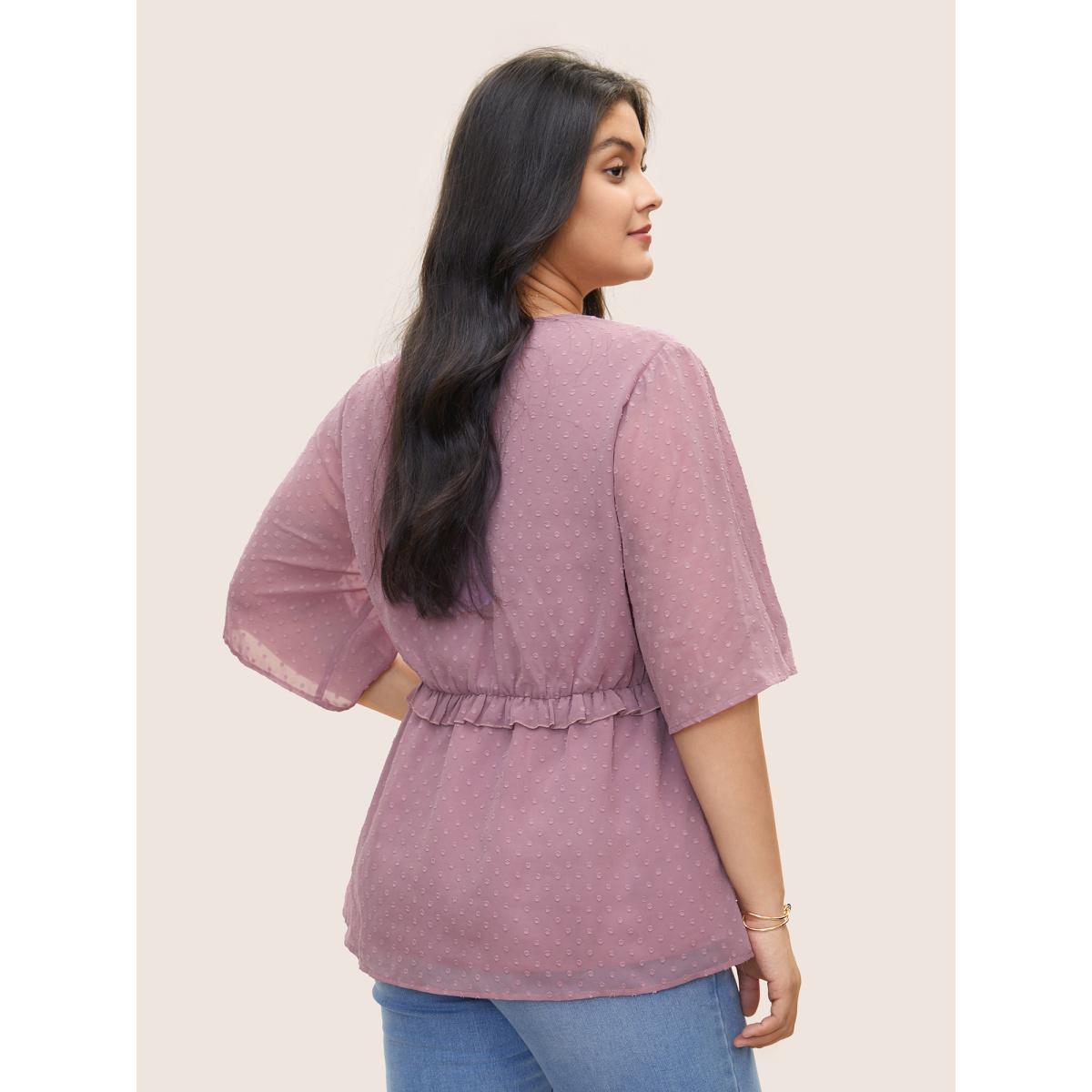 Plus Size Mauve Chiffon Mesh Texture Polka Dot Frill Trim Blouse Women Elegant Half Sleeve V-neck Everyday Blouses BloomChic 22-24/3X Product Image