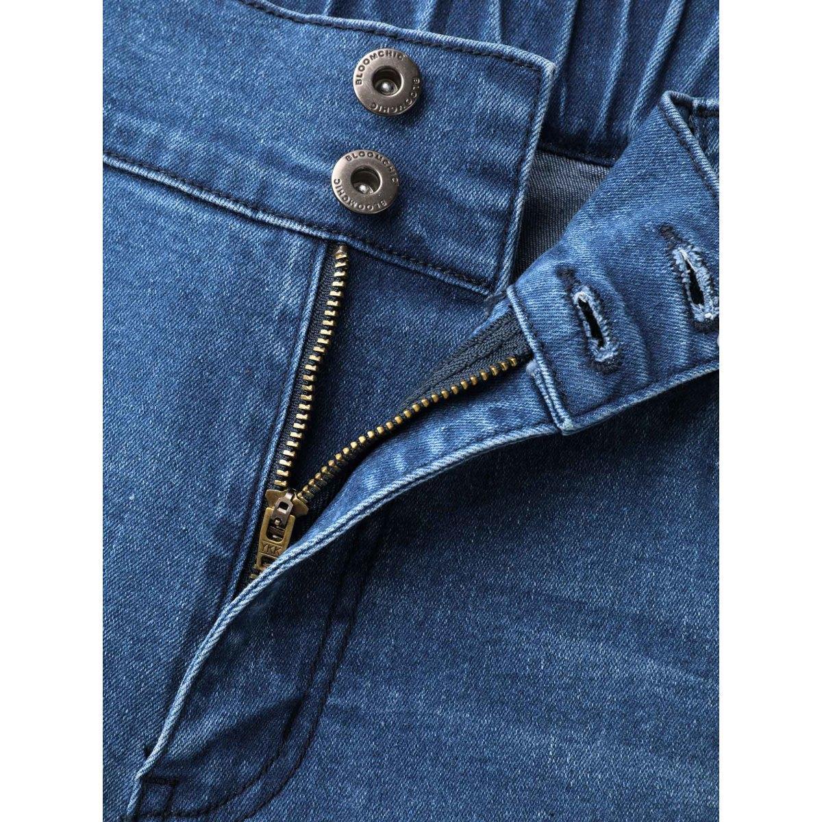 Plus Size Whiskered Stretchy Waist Bootcut Jeans Women Midblue Elegant Button Medium stretch Slanted pocket Jeans BloomChic 24/3X Product Image